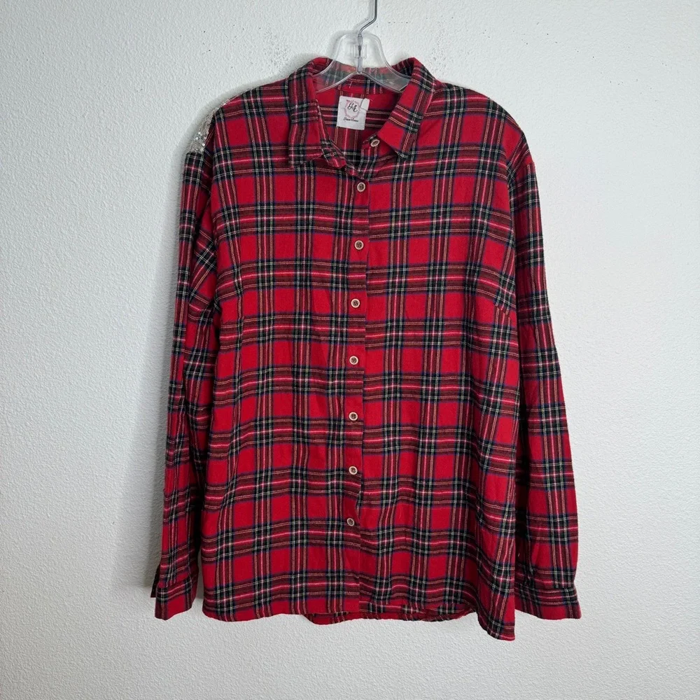 Red Plaid Button-Up Blouse with Sequin Yoke - Picture 4 of 9